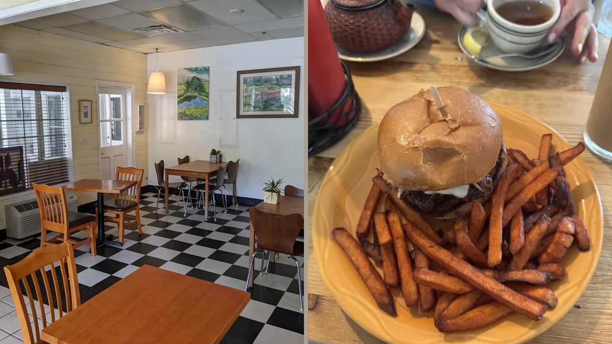 Casual restaurant seating under bright wall art