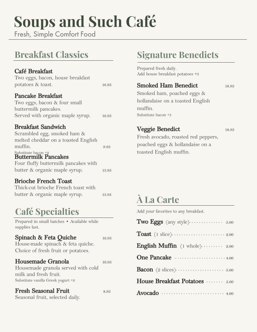 Breakfast menu with eggs, pancakes, and fruit