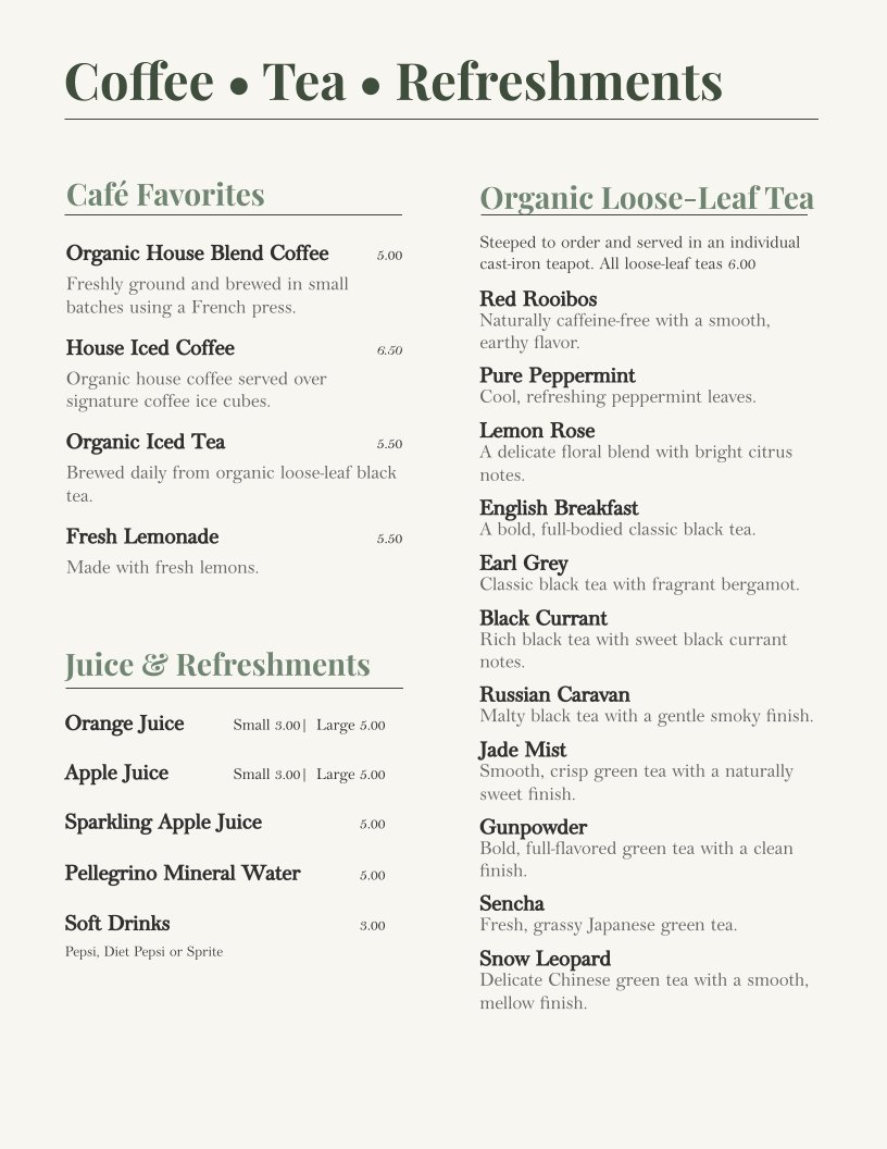 Cafe menu with classic breakfast plates