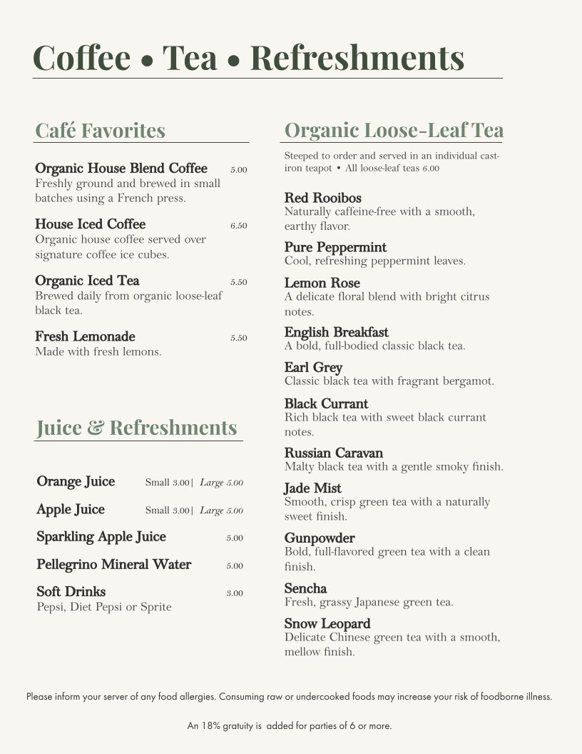 Menu page listing sandwiches and housemade granola